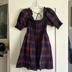 Hill House puff sleeve mini plaid dress lovely back tie detail size xs